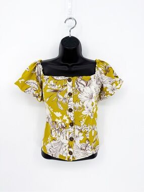 Blashe Button Front Tropical Floral Square Neck Top Lime White Large